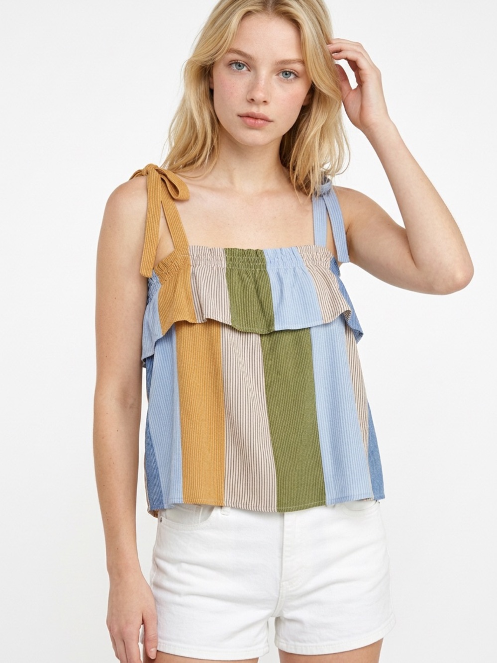 LC Lauren Conrad Striped Ruffle Tie-Shoulder Tank in Blue, Olive & Mustard - Picture 2 of 6